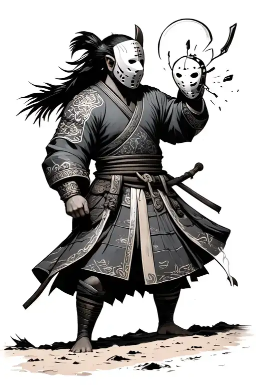 A shogun warrior standing a beach trying to forcefully remove a mask from his face. id like the mask to broken.  tattoo design idea
