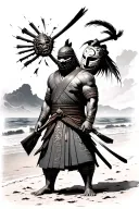 A shogun warrior standing a beach trying to forcefully remove a mask from his face. id like the mask to broken.  tattoo design idea