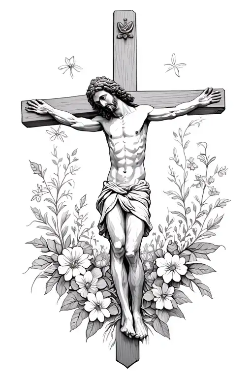 jesus on the cross surrounded by flowers representing growth tattoo design idea