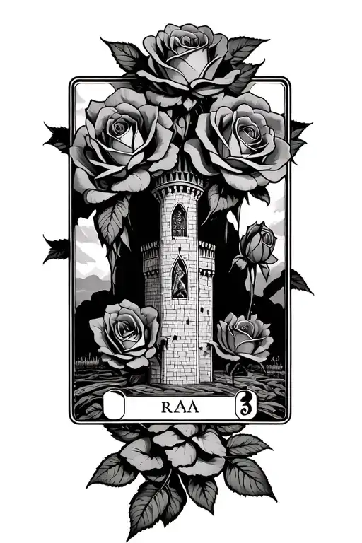 dark tower with roses and three tarot cards arranged tattoo design idea