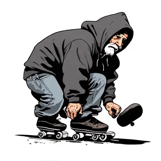 an old man in the style of calvin and hobbes with a hoody and loose jeans skating, style of bill waterson tattoo design idea