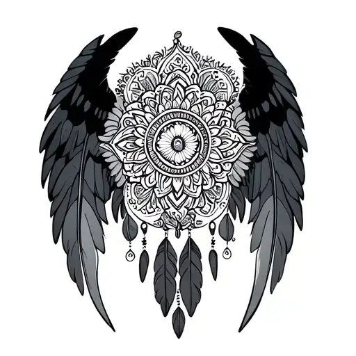 a small mandala, with 2 long wings to the side and 3 feathers dangling down, simple outline tattoo design idea