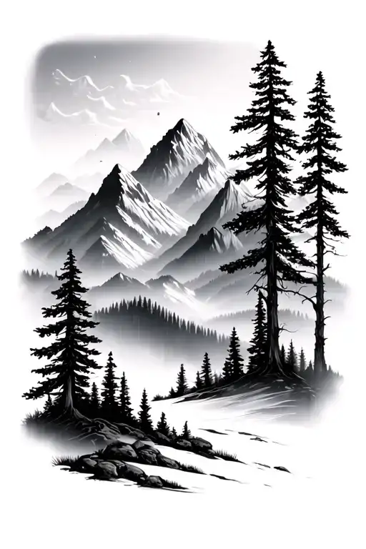 Mountain Scene with trees tattoo design idea