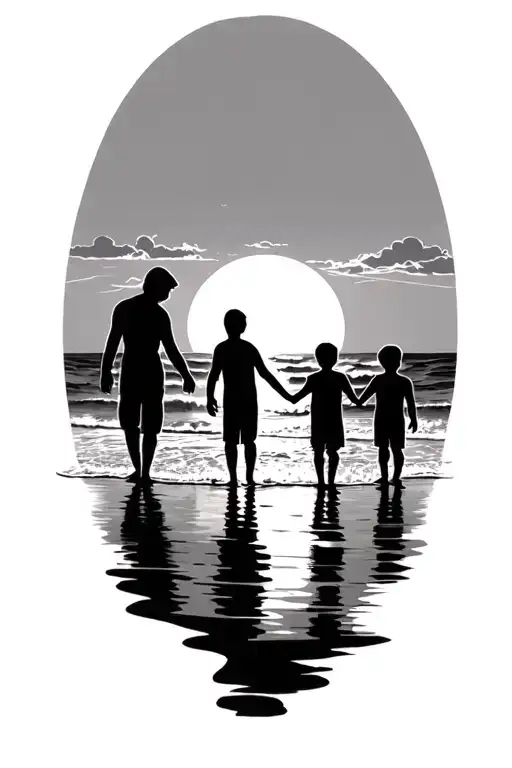 sunset beach scheme black sillhouete.  , Man, 3 Boy holding hands. tattoo design idea