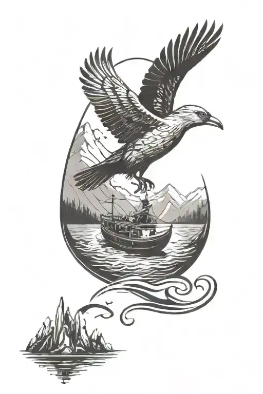 silhouette in a paddle fishing boat in the mountains, bird soaring in the far distant, playing cards tattoo design idea