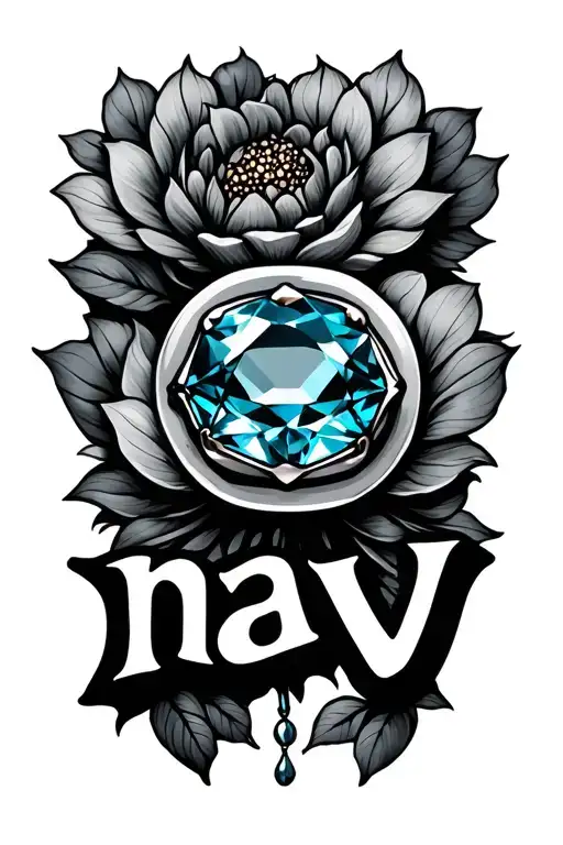 The word “nav” with a aquamarine birth stone tattoo design idea