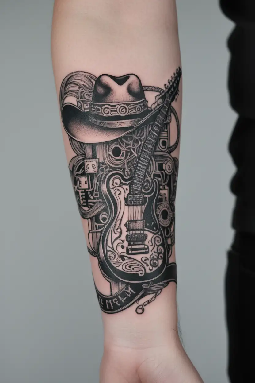 A tattoo design featuring a guitar and a cowboy hat intertwined with electrical wiring, symbolizing the client's passion for rock country music and their occupation as an electrician tattoo design idea