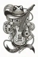 A tattoo design featuring a guitar and a cowboy hat intertwined with electrical wiring, symbolizing the client's passion for rock country music and their occupation as an electrician tattoo design idea