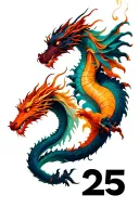 two dragon intertwined each other and a 25 number; feminine and minimal  tattoo design idea