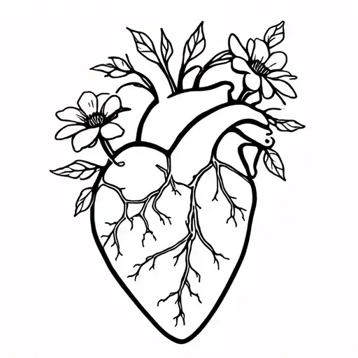 Line tattoo of anatomical human heart with flowers growing out of it tattoo design idea