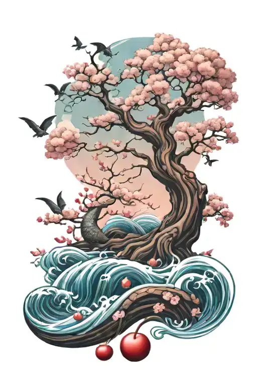 cherry blossom tree, waves, dragon flying tattoo design idea