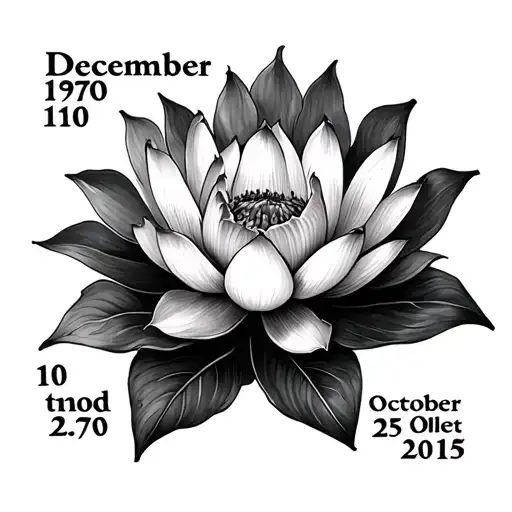 lotus flower memorial tattoo with the dates december 10, 1970 and october 25, 2015 tattoo design idea