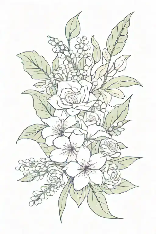 A dainty bouquet of flowers with a violet, two Lily of the valley, a rose, and an aster. Tie the bouquet with a thin bow tattoo design idea