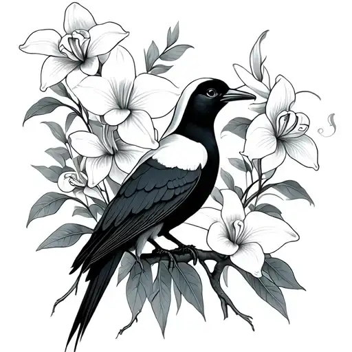 white nun orchid flowers, quetzal bird, vines, tropical tattoo design idea