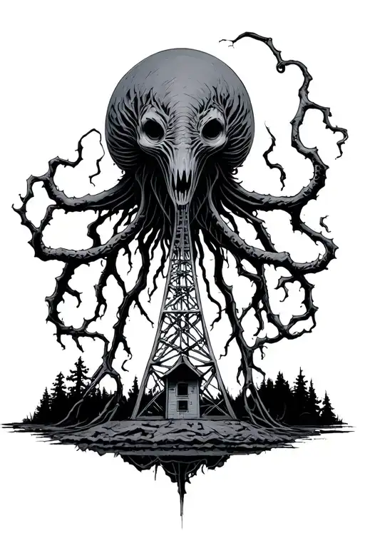 stranger things scene vecna, mind flayer, welcome to Hawkins, wsqk radio tower, demogorgans tattoo design idea