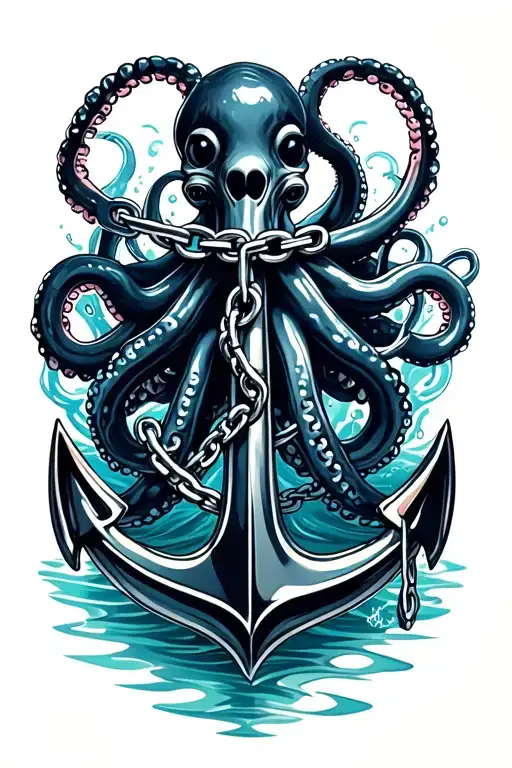 black octopus wrapped around anchor in water with broken chain tattoo design idea