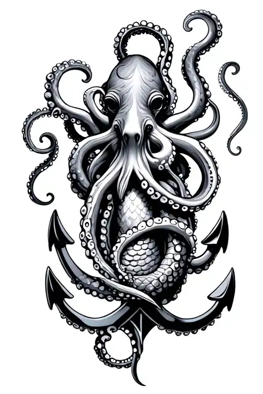 octopus wrapped around an anchor intertwined with mermaid  tattoo design idea