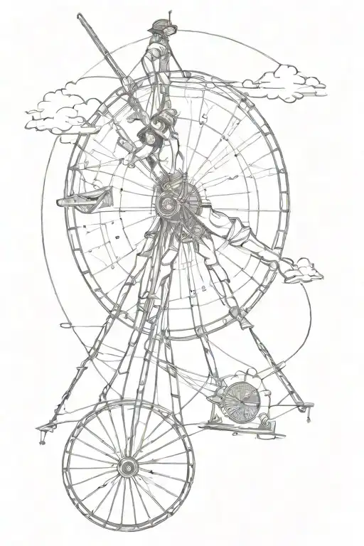 Beautiful circus wheel and tightrope walker with a stick on the foreground tattoo design idea