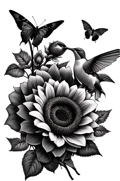 roses, sunflowers, butterflies, hummingbirds tattoo design idea