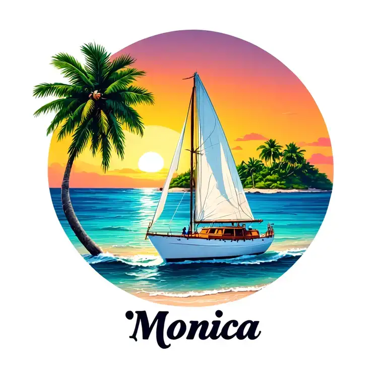 "Monica"  "Monica" white sailboat front, sailing towards sunrise, background small island palm, ocean, beach vibrant color tattoo design idea
