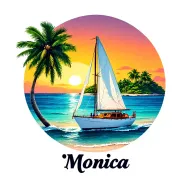 "Monica"  "Monica" white sailboat front, sailing towards sunrise, background small island palm, ocean, beach vibrant color tattoo design idea