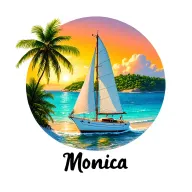 "Monica"  "Monica" white sailboat front, sailing towards sunrise, background small island palm, ocean, beach vibrant color tattoo design idea