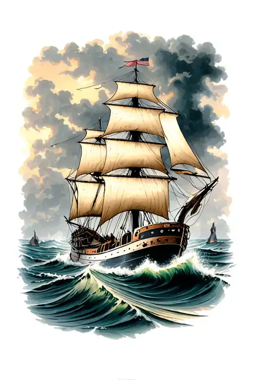 clipper ship sailing through stormy seas tattoo design idea
