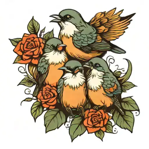 generate an image of a family of 4 as bird from 1 young child one almost out of school and a mother and father  tattoo design idea