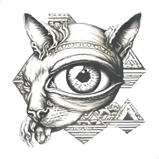 Egyptian eye, pyramid, sphinx cat tattoo design idea