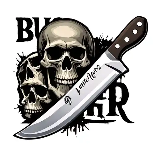 "BUTCHER " "BUTCHER " butcher knife and skulls tattoo design idea