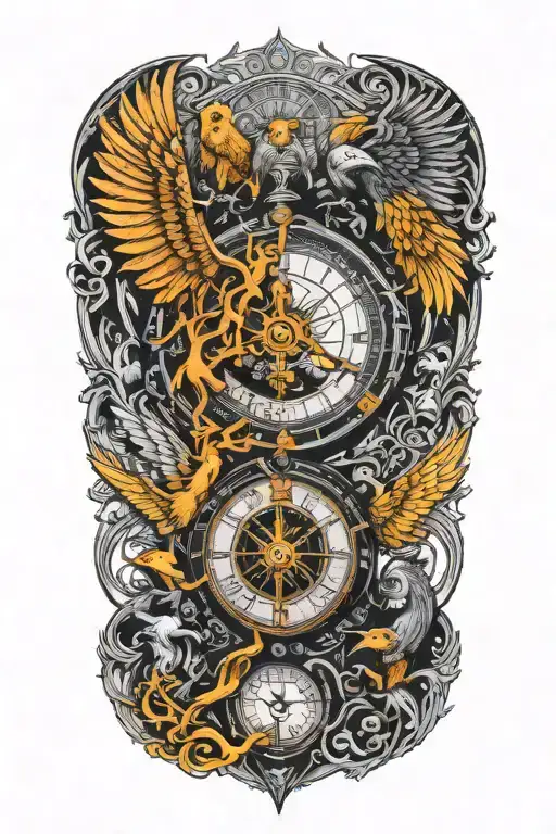 a representation of child being protected through his journey in life using trees, compass, phoenix and time tattoo design idea