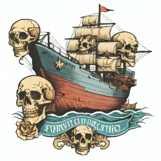 container ship with stacks of containers with a skull below and with text below that says M U T I N Y tattoo design idea
