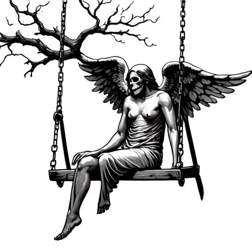 angel of death sitting on swing set of tree tattoo design idea