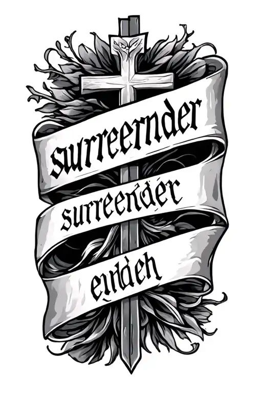 "surrender" sinple, horizontal word, Christian themed incorporating a cross tattoo design idea