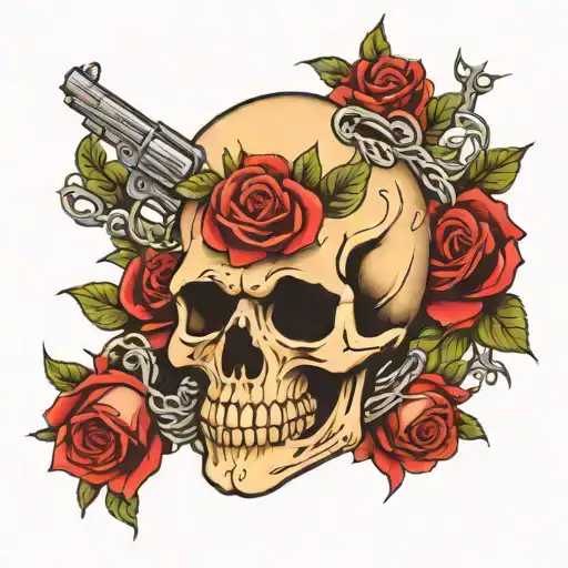 skull and roses with pistol intertwined tattoo design idea