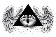 angel wings with baby feet on the inside triangle tattoo design idea