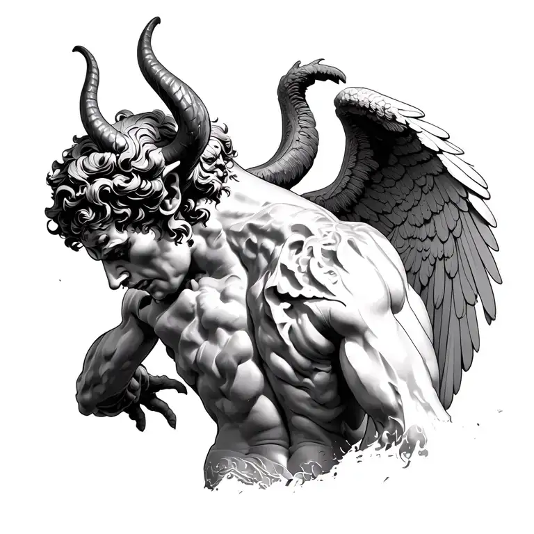 greek statue version of satan facing away showing his back where his wings have been cut off tattoo design idea