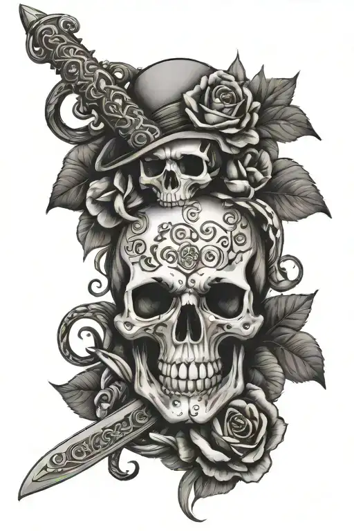 skull with sword piercing and snake coiled with flowers tattoo design idea