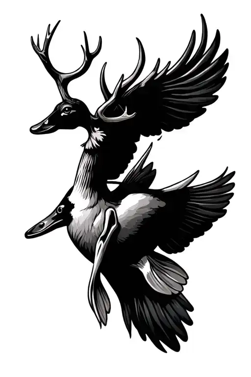 fish hook, deer antler, duck flying tattoo design idea