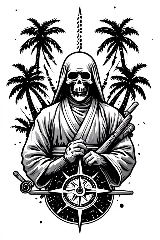 warrior strength, grim reaper, judo gi, compass, palm trees, family, love. peace, universe  tattoo design idea