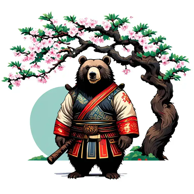 bear samurai standing in front of cherry blossom tree  tattoo design idea