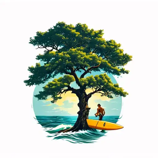 oak tree with surfer holding a board tattoo design idea