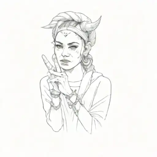 A devil girl in a headscarf with a long braid and a halo behind her head with pointed ears raises two fingers up holding tattoo design idea