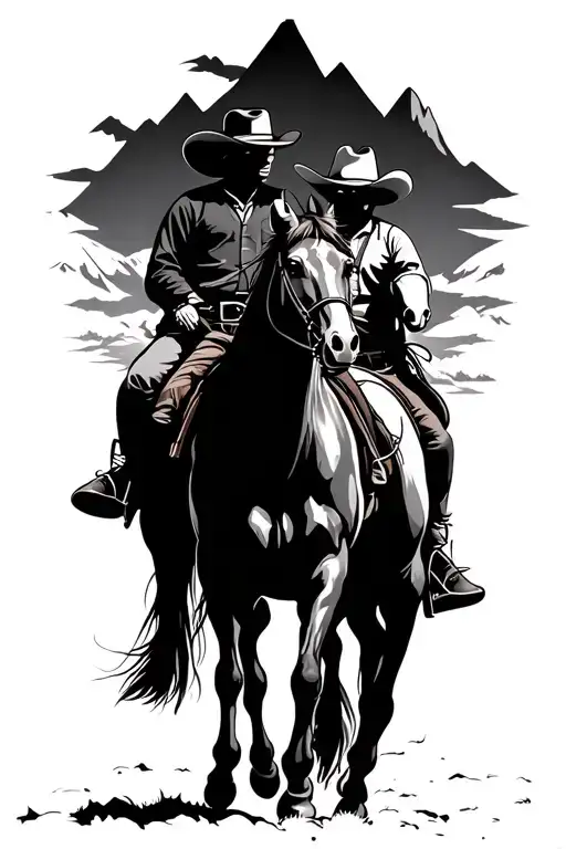 2 cowboys riding horses side profile mountain background tattoo design idea