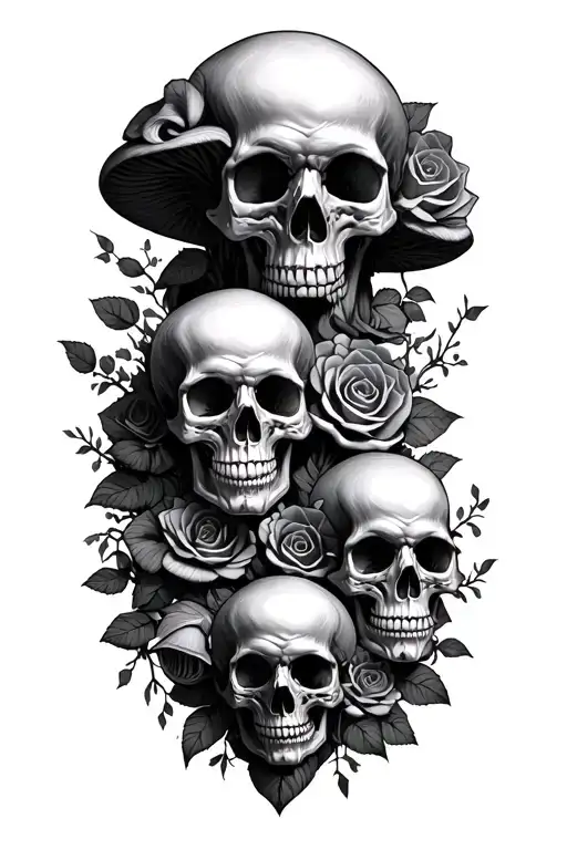 6 skulls chain and mushroom forest with rose throns tattoo design idea