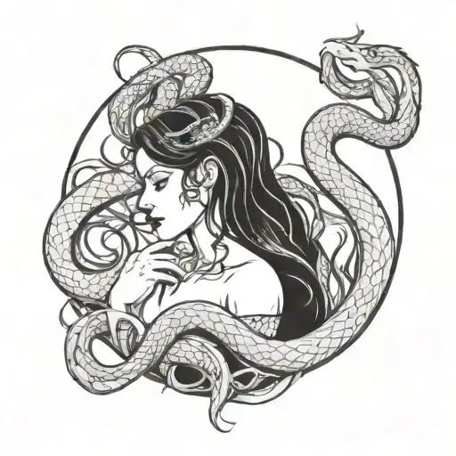 A blackwork tattoo of a dark and mysterious Lilith surrounded by snakes, embodying the client's interest in dark femininity and mythology tattoo design idea