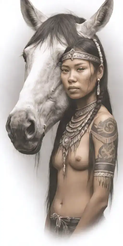 young adorable lakota woman full body horse tattoo design idea