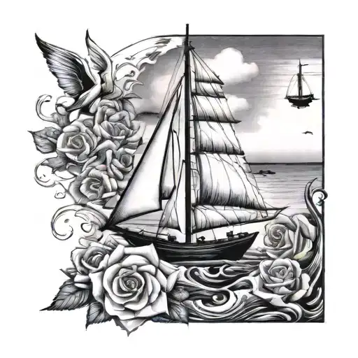 a remembrance tattoo with the name Chandler Bowman 4/27/97 - 6/26/24 with a sail boat and the ocean no roses  tattoo design idea