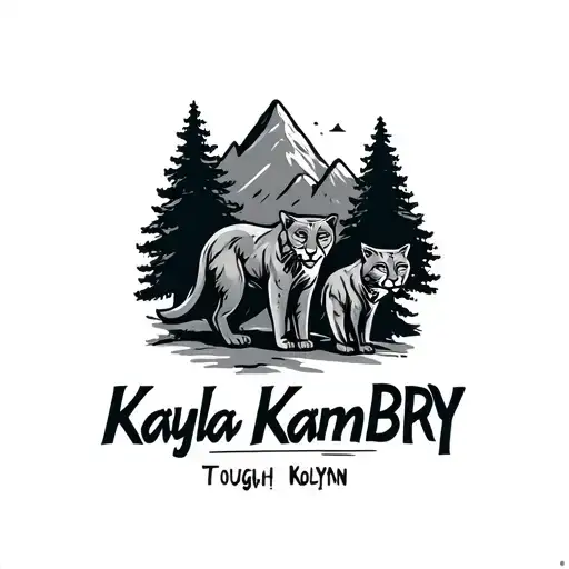 tough cougar in the woods with mountains with Kayla, Kambry and Kolsyn carved in some trees. rustic look tattoo design idea