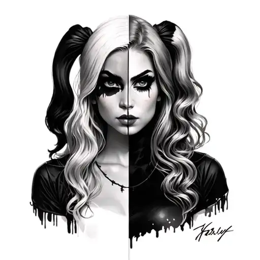 Half her face as Harleen Quinzel, half as Harley Quinn — representing innocence and chaos merged.Behind her, faint ink  tattoo design idea